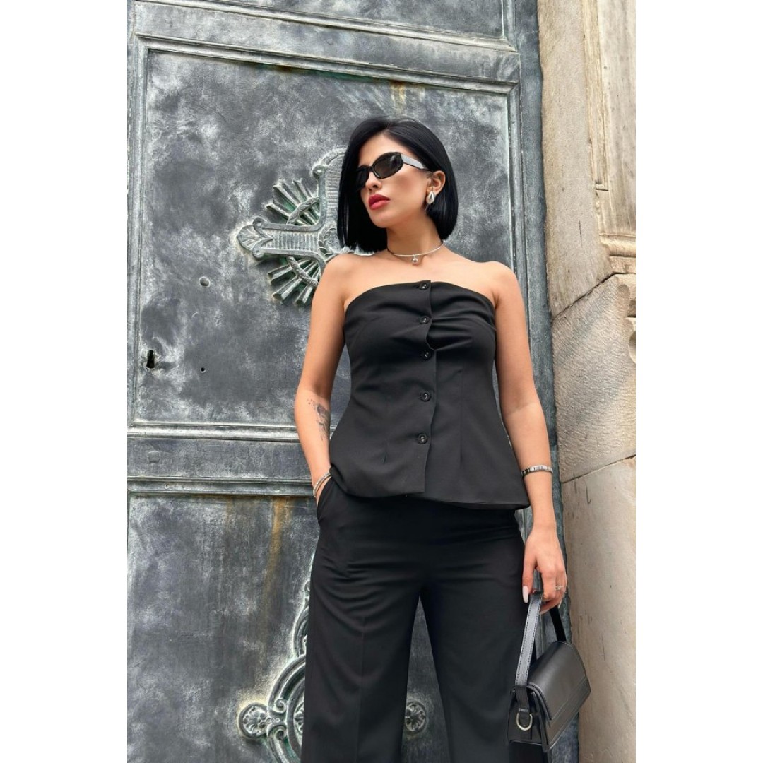 Siyah Straplez Düğmeli Crop Ve Pantolon Takım 152791 Siyah Straplez Düğmeli Crop Ve Pantolon Takım 152791