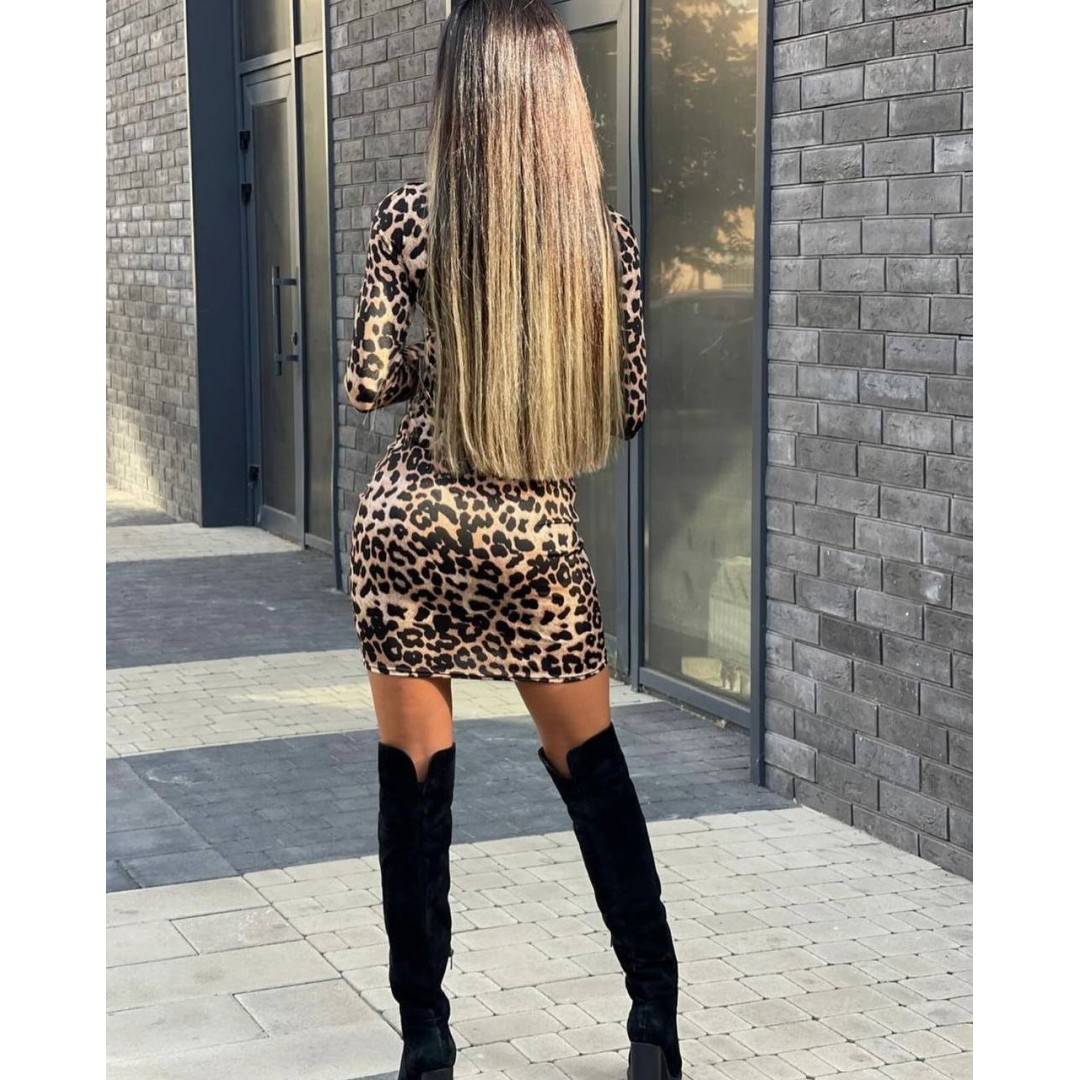Kadın örme Viskon Kumaş Leopar Desenli çapraz Göğüs Detay Mini Boy Elbise - 131365 Kadın örme Viskon Kumaş Leopar Desenli çapraz Göğüs Detay Mini Boy Elbise - 131365