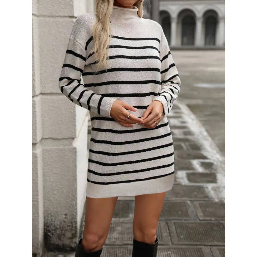 Kadın Uzun Kollu Yarım Balıkçı Yaka çizgilitriko Mini Boy Elbise (kemersiz) - 136530 Kadın Uzun Kollu Yarım Balıkçı Yaka çizgilitriko Mini Boy Elbise (kemersiz) - 136530