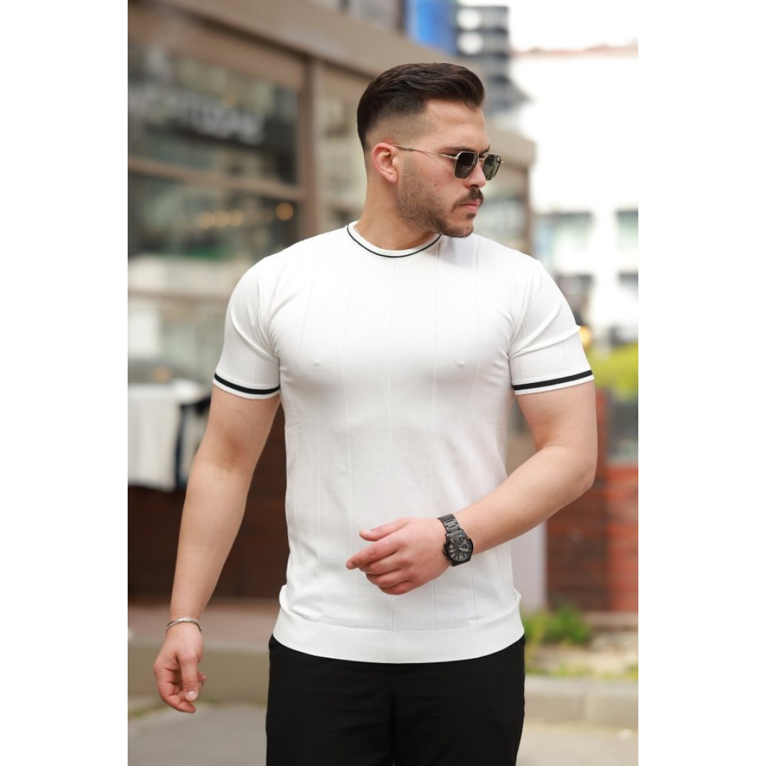 Erkek Bisiklet Yaka çizgi Desenli Ribanalı Kısa Kollu Tshirt