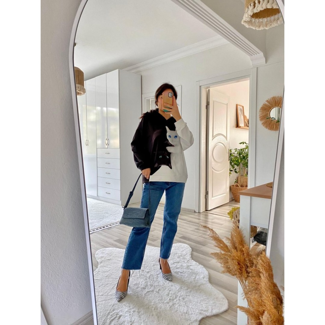 Kadın Uzun Kollu Kapşonlu Bağcıklı Kedi Desenli şardonlu Dalgıç Bluz - 134701 Kadın Uzun Kollu Kapşonlu Bağcıklı Kedi Desenli şardonlu Dalgıç Bluz - 134701