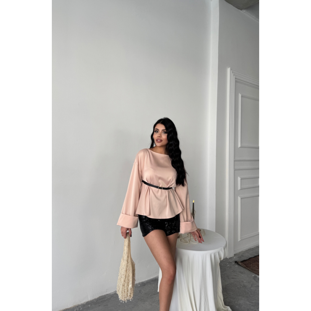 KEMER DETAYLI SATEN BLUZ - Pembe - 153967 KEMER DETAYLI SATEN BLUZ - Pembe - 153967