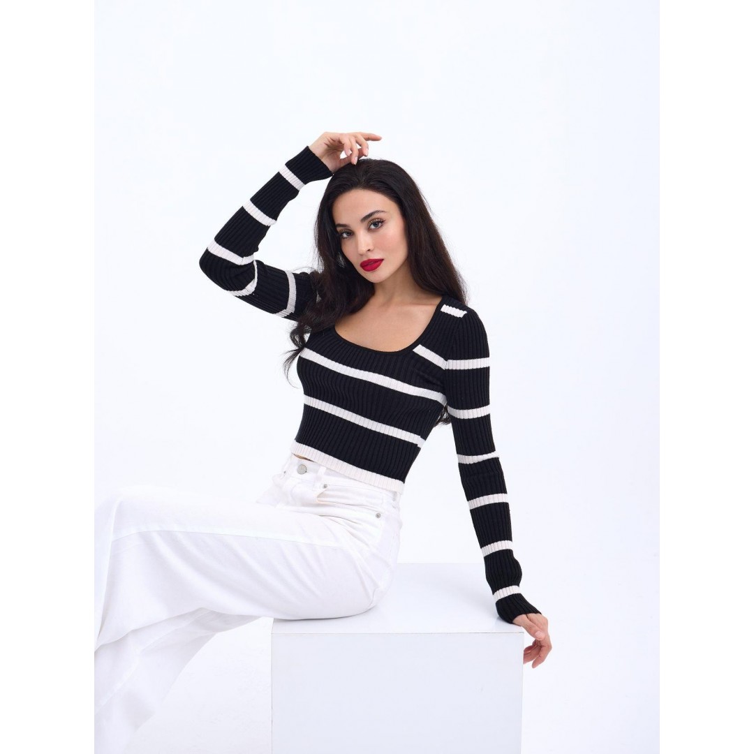 42221 TRİKO ÇİZGİLİ FİTİLLİ CROP-SİYAH-EKRU 144105