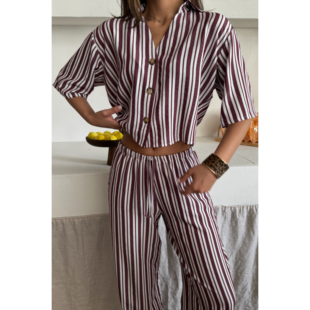 ÇİZGİLİ CROP GÖMLEK - SALAŞ PANTOLON TAKIM MODAL - Bordo 159502