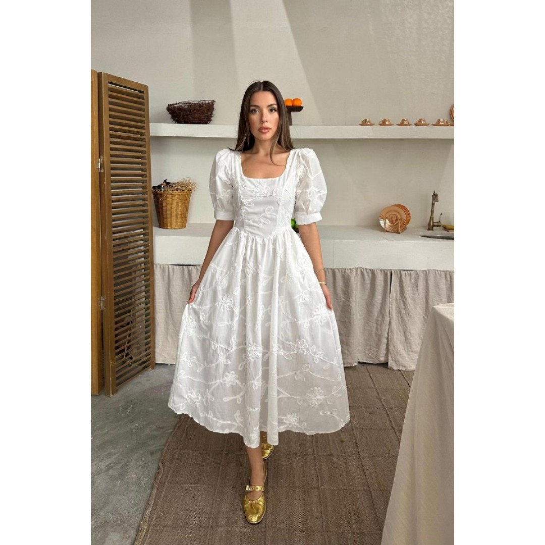 Beyaz Balon Kollu Brode Elbise - 158267 Beyaz Balon Kollu Brode Elbise - 158267
