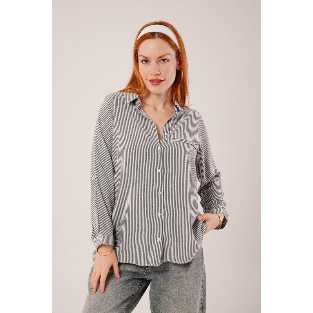 Cep Detay Çizgili Oversize Gri Gömlek - 147352 Cep Detay Çizgili Oversize Gri Gömlek - 147352