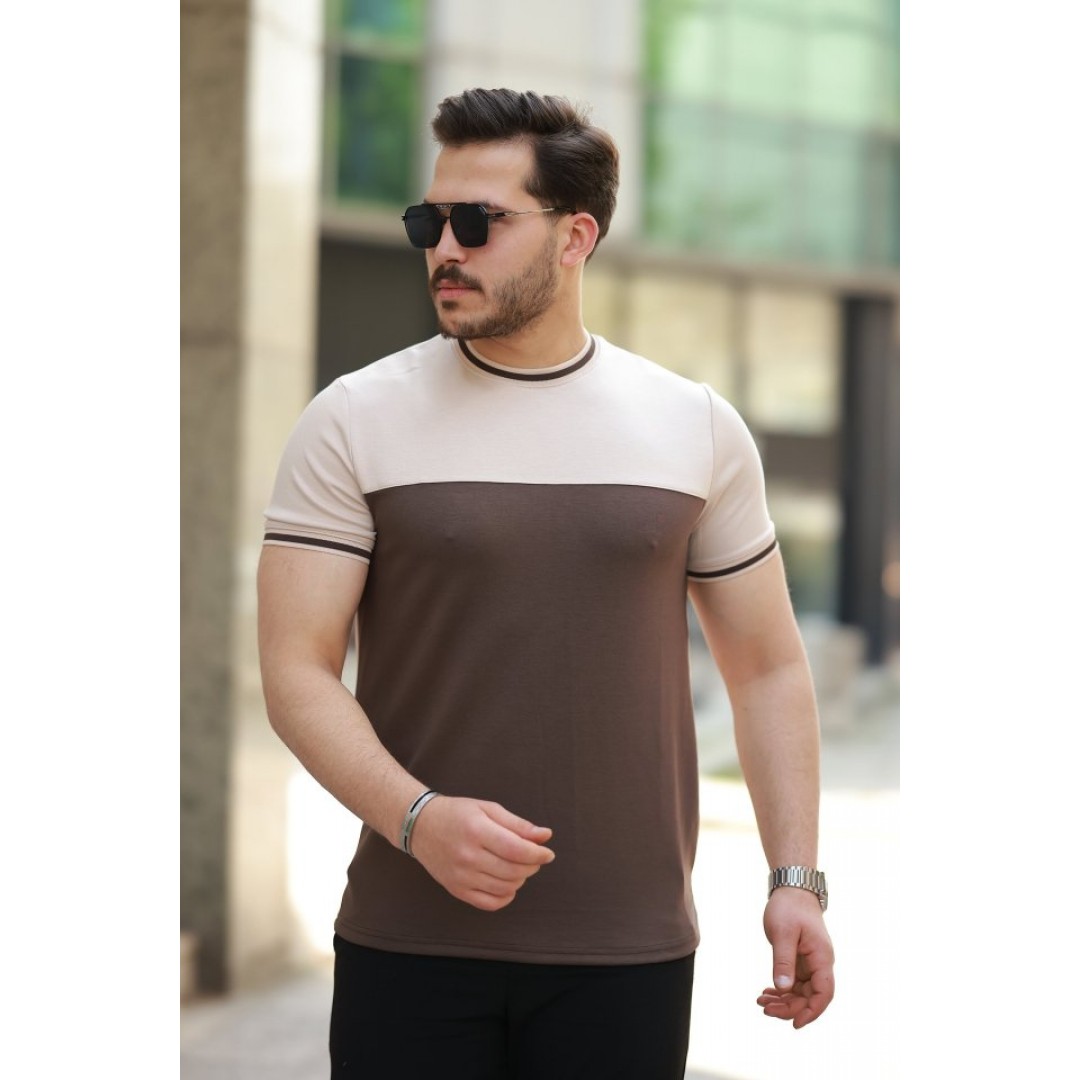 Erkek Bisiklet Yaka Parçalı Renk Kısa Kollu Tshirt