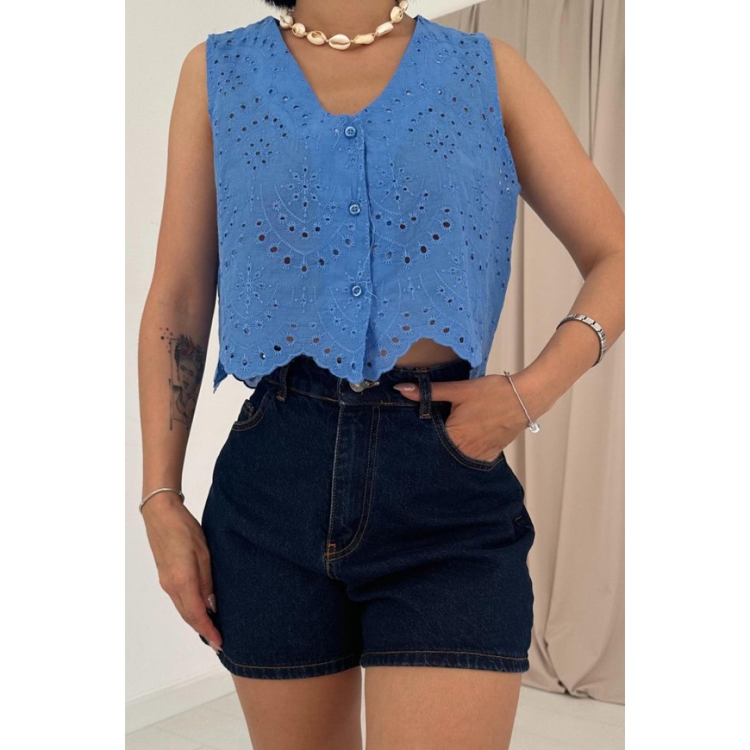 Mavi Sıfır Kol Brode Bluz 153475 Mavi Sıfır Kol Brode Bluz 153475