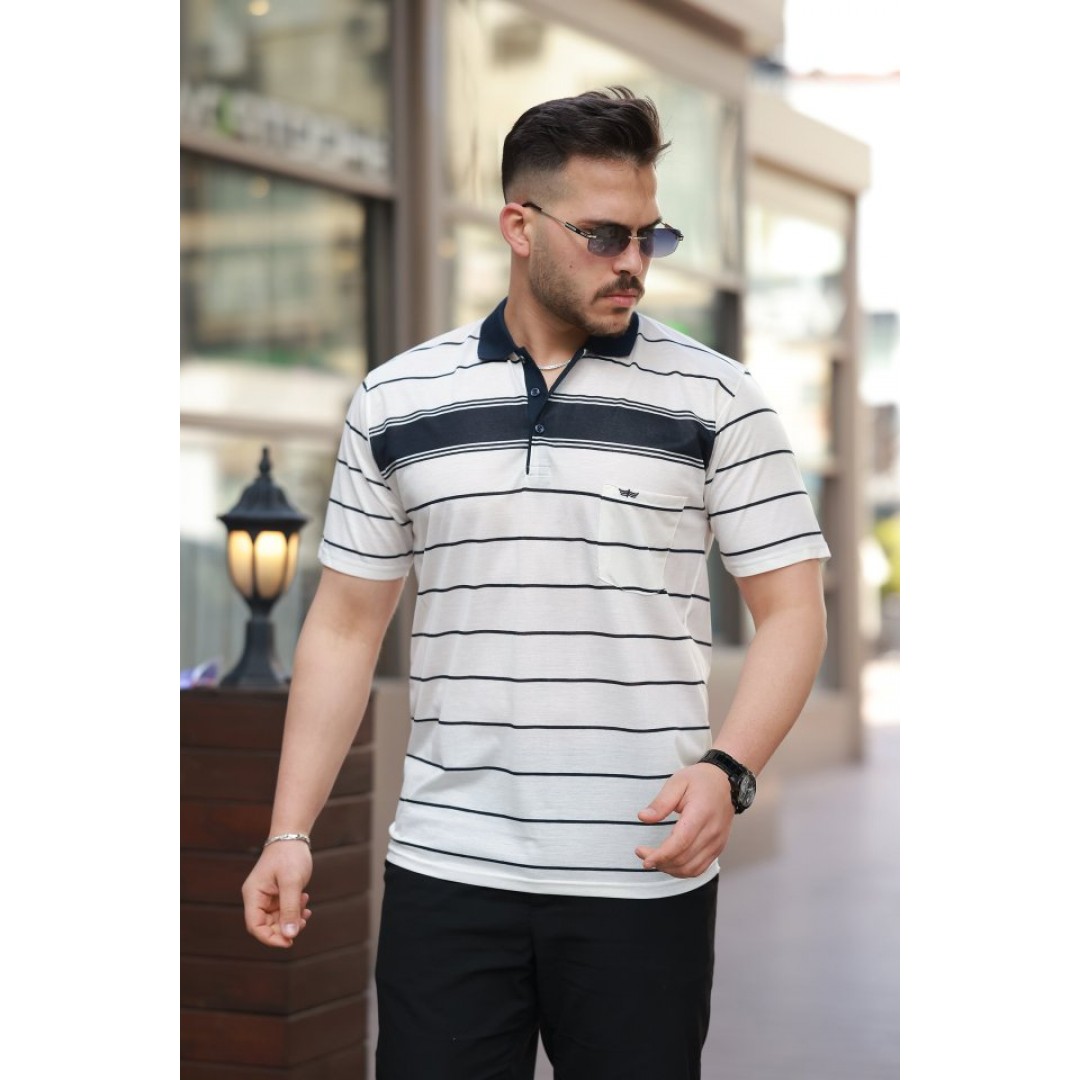Erkek Yakalı çizgili Kısa Kollu T-shirt