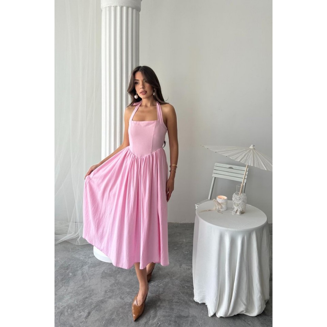 Pembe Boyundan Bağlamalı Keten Elbise - 160728 Pembe Boyundan Bağlamalı Keten Elbise - 160728