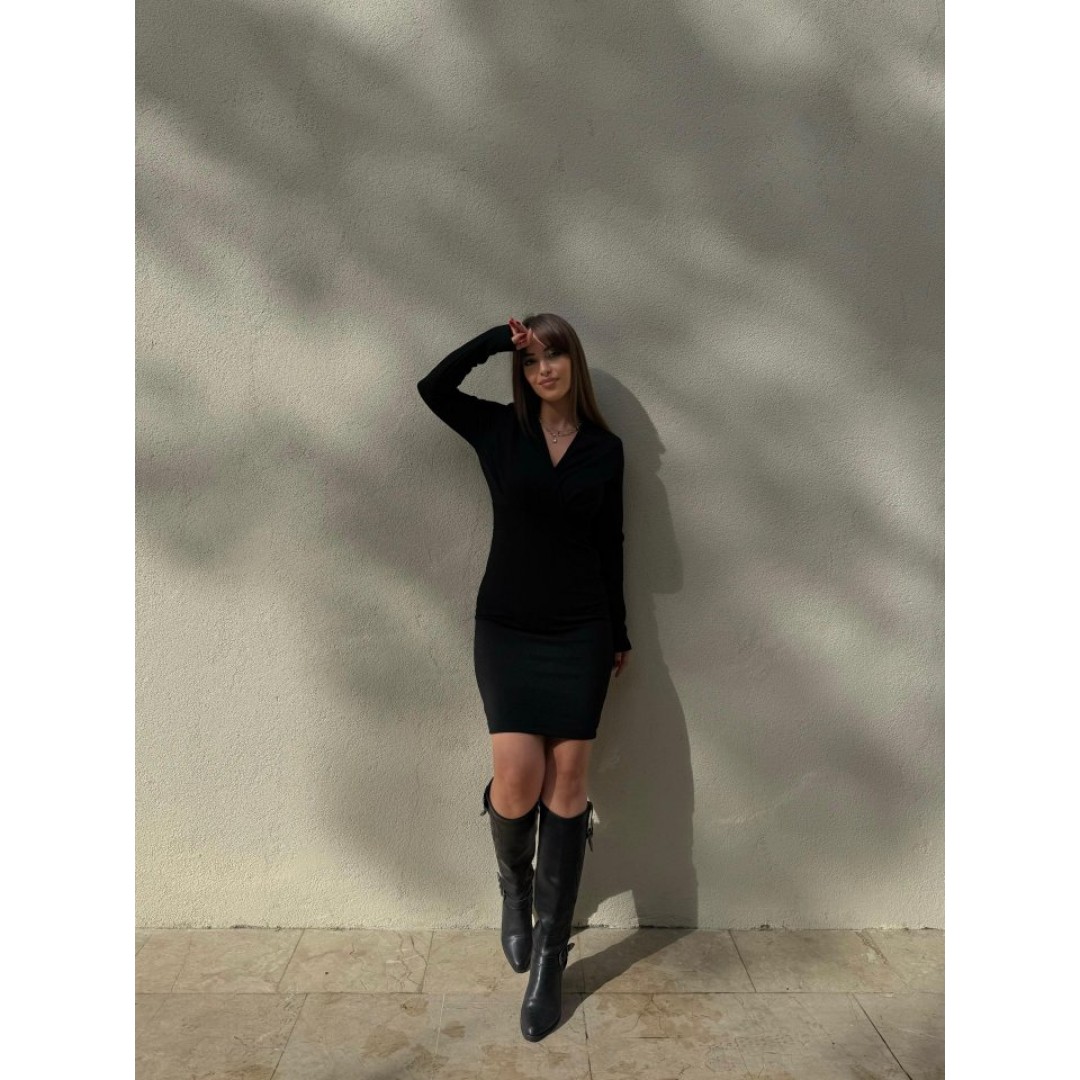 Kadın Uzun Kollu Kruvaze Yaka Krep Mini Boy Elbise - 135254 Kadın Uzun Kollu Kruvaze Yaka Krep Mini Boy Elbise - 135254