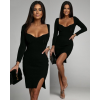 Kadın Uzun Kollu Geniş Yaka Yırtmaç Detay Mini Boy Triko Elbise - 138044 Kadın Uzun Kollu Geniş Yaka Yırtmaç Detay Mini Boy Triko Elbise - 138044