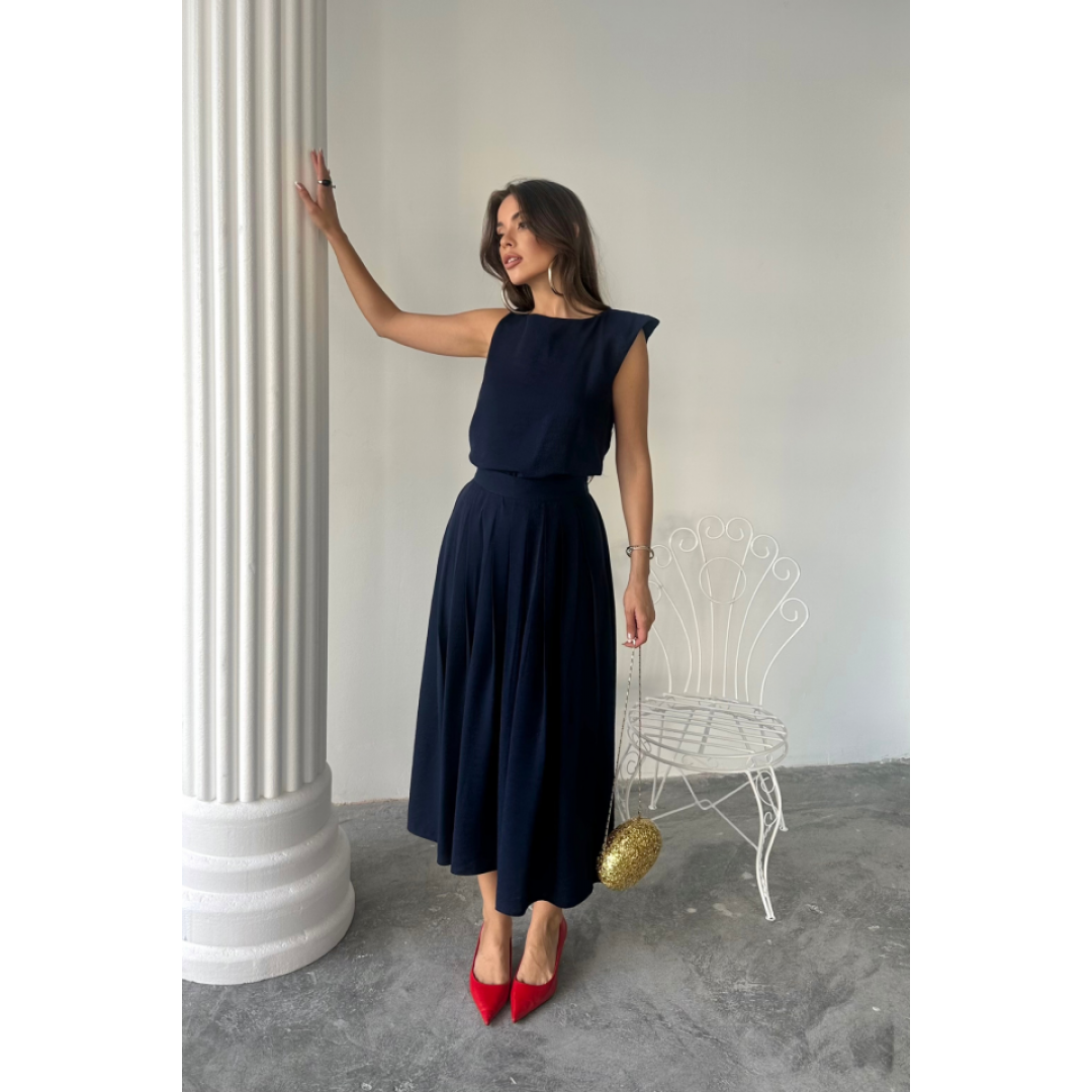 KETEN KOLSUZ BLUZ - MAXİ ETEK TAKIM - Lacivert 161851 KETEN KOLSUZ BLUZ - MAXİ ETEK TAKIM - Lacivert 161851