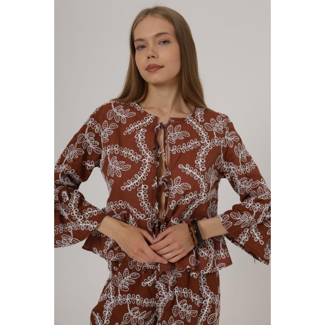 Fiyonk Bağlamalı Brode Bluz - Kahve 162572 Fiyonk Bağlamalı Brode Bluz - Kahve 162572