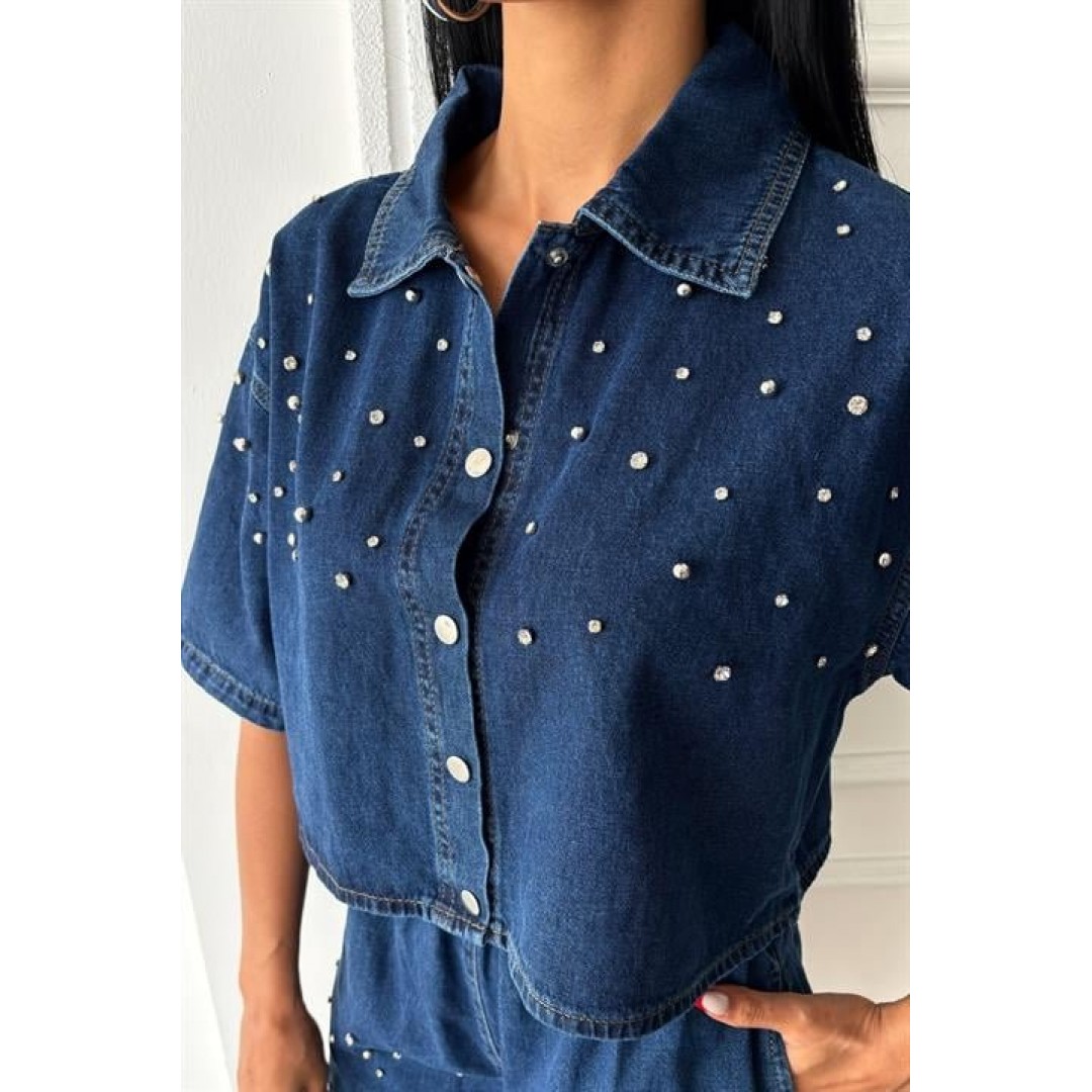 Taş Detaylı Gömlek Şort Denim Takım 10175 159450 Taş Detaylı Gömlek Şort Denim Takım 10175 159450