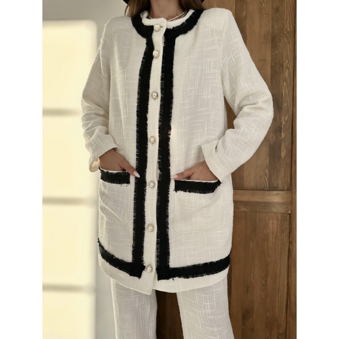 Ekru Siyah Şeritli Yakasız Ceket Ve Pantolon Takım 152566 Ekru Siyah Şeritli Yakasız Ceket Ve Pantolon Takım 152566