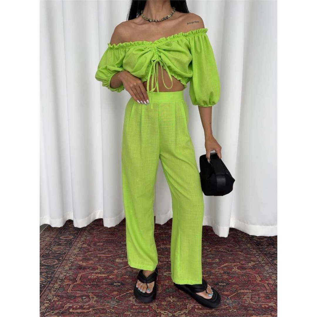 KETEN CROP BLUZ BÜZGÜ YAKA + PANTOLON TAKIM - Yeşil 152486 KETEN CROP BLUZ BÜZGÜ YAKA + PANTOLON TAKIM - Yeşil 152486