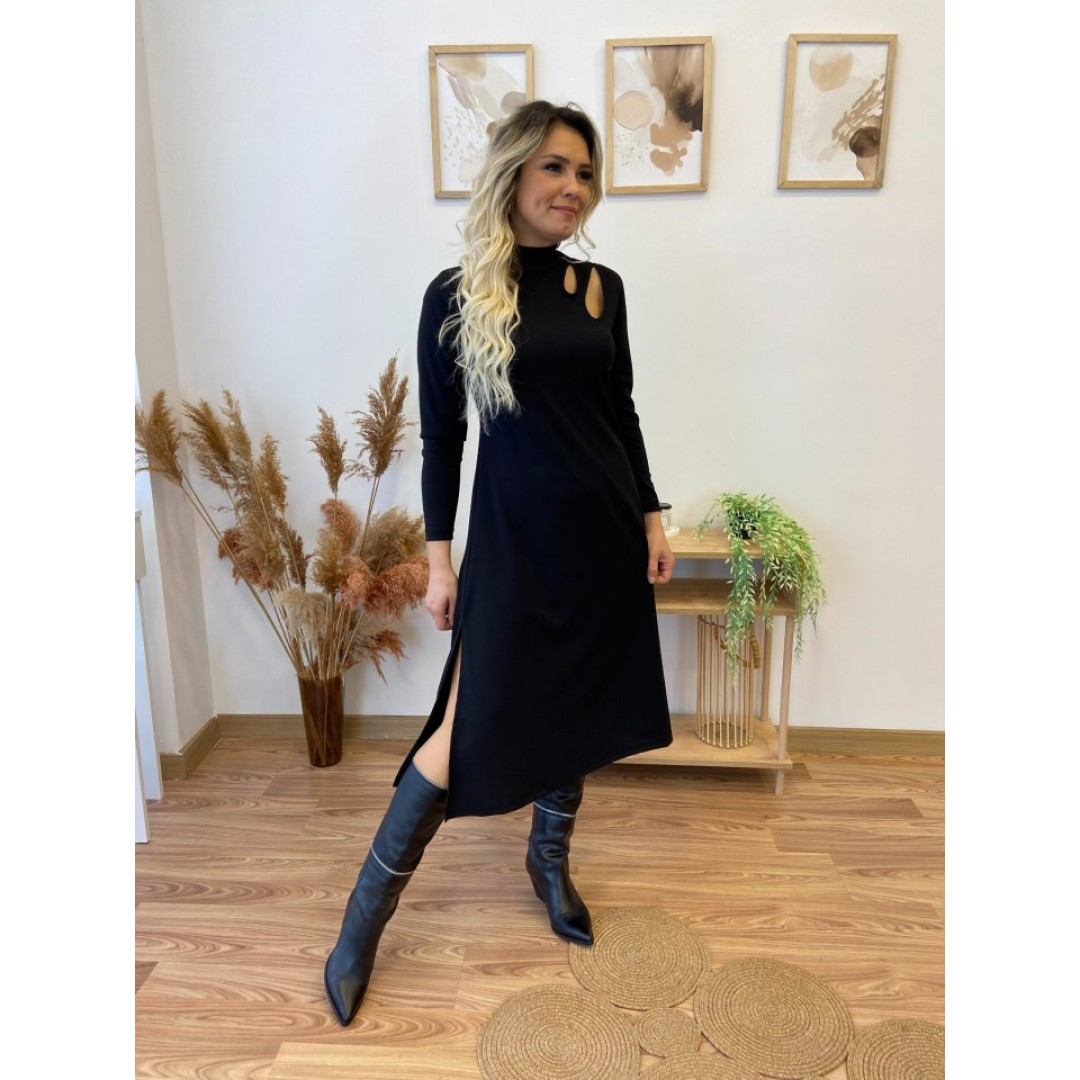 Kadın Uzun Kollu Balıkçı Yaka Omuzda Damla Detaylı Yırtmaçlı Krep Midi Elbise - 137239 Kadın Uzun Kollu Balıkçı Yaka Omuzda Damla Detaylı Yırtmaçlı Krep Midi Elbise - 137239