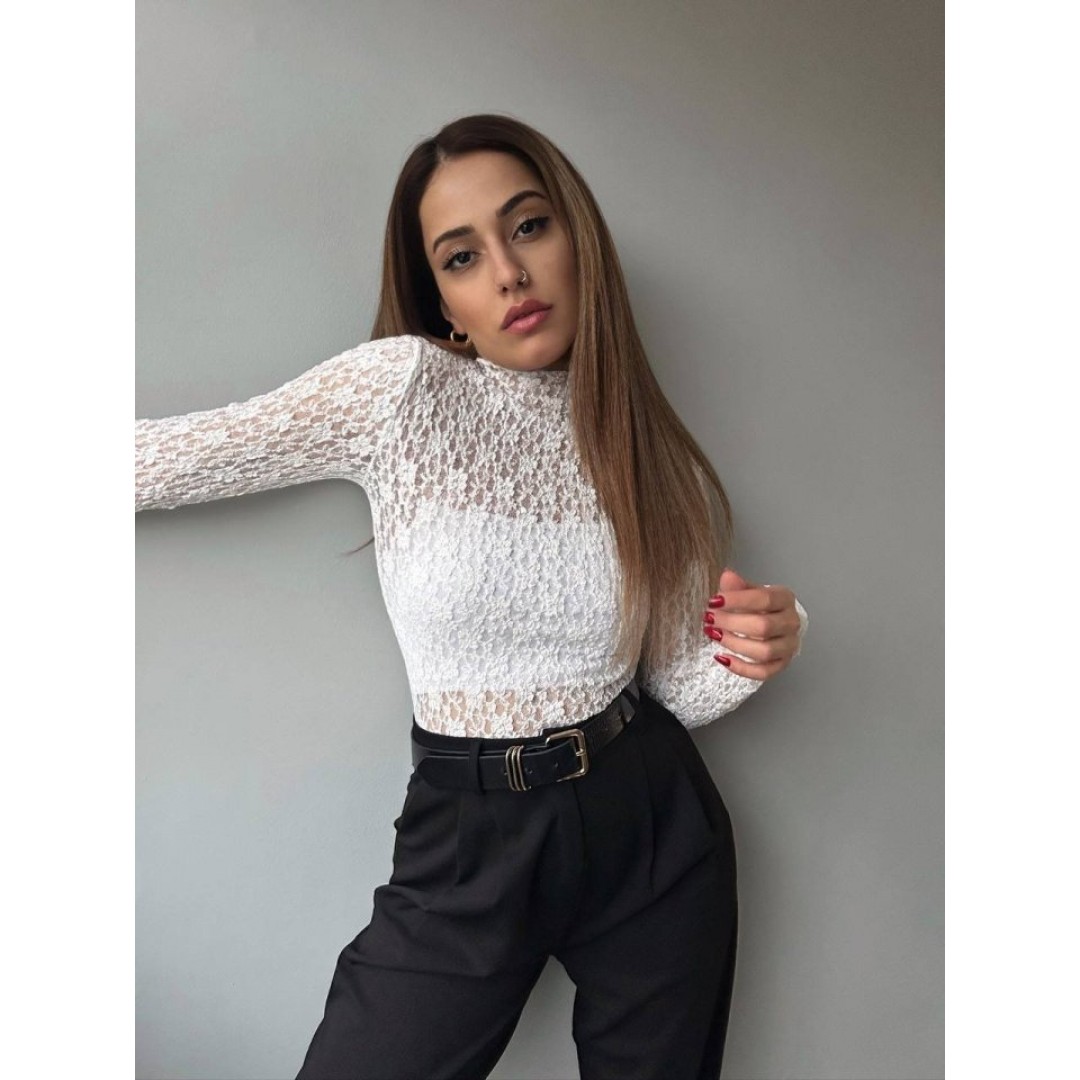 Kadın Likralı Dantel Transparan Uzun Kol Crop Bluz - 156150 Kadın Likralı Dantel Transparan Uzun Kol Crop Bluz - 156150