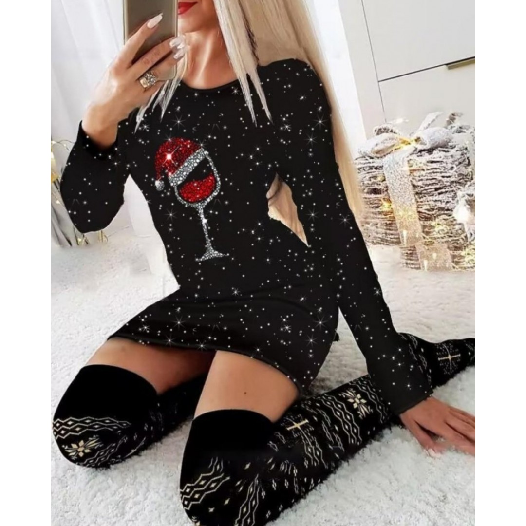 Kadın Uzun Kollu Taş Kadeh Baskı Mikro Mini Boy Elbise - 136361 Kadın Uzun Kollu Taş Kadeh Baskı Mikro Mini Boy Elbise - 136361