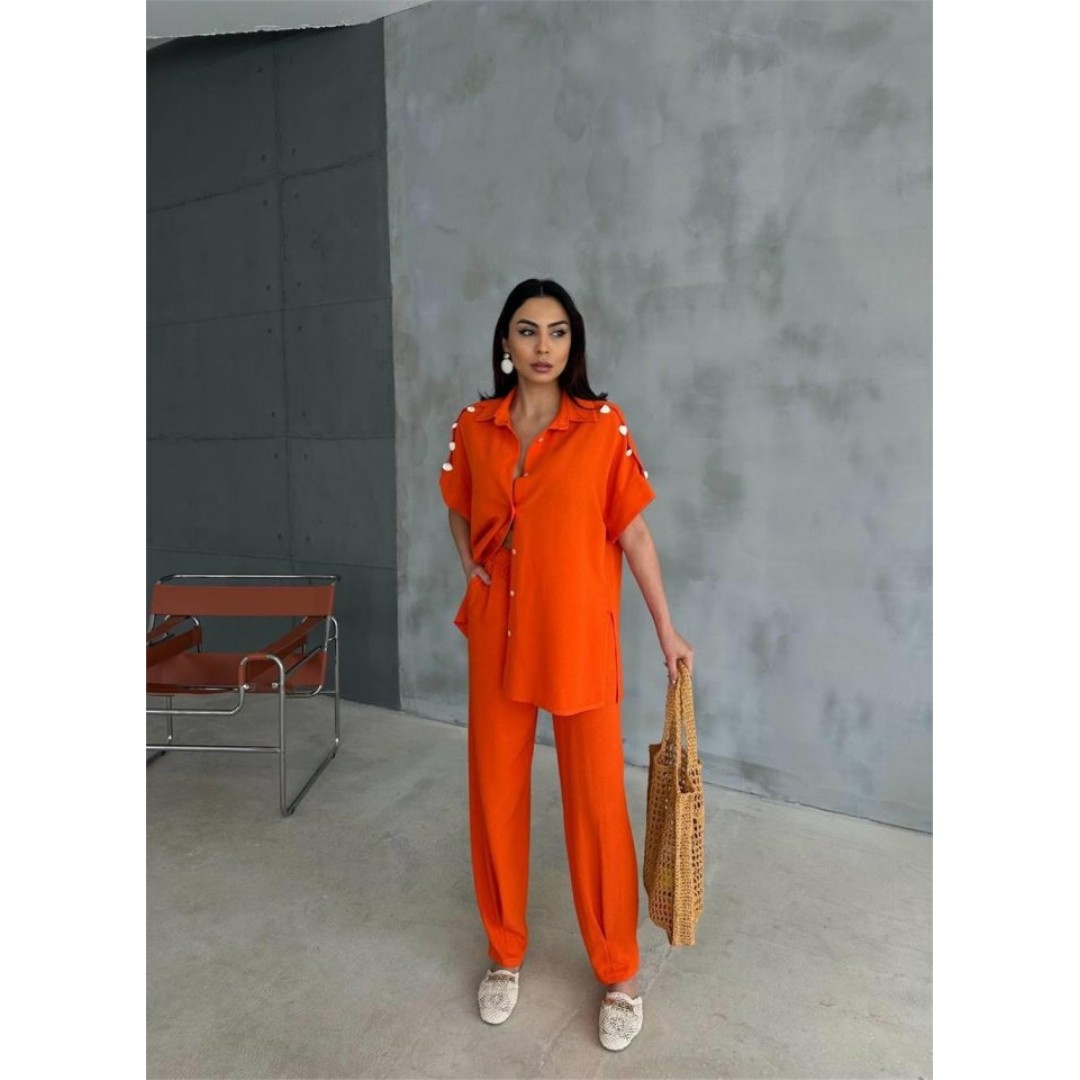 OMUZ MİDYE SIRALI BLUZ - PAÇA PENSLİ PANTOLON TAKIM - Orange 150088 OMUZ MİDYE SIRALI BLUZ - PAÇA PENSLİ PANTOLON TAKIM - Orange 150088