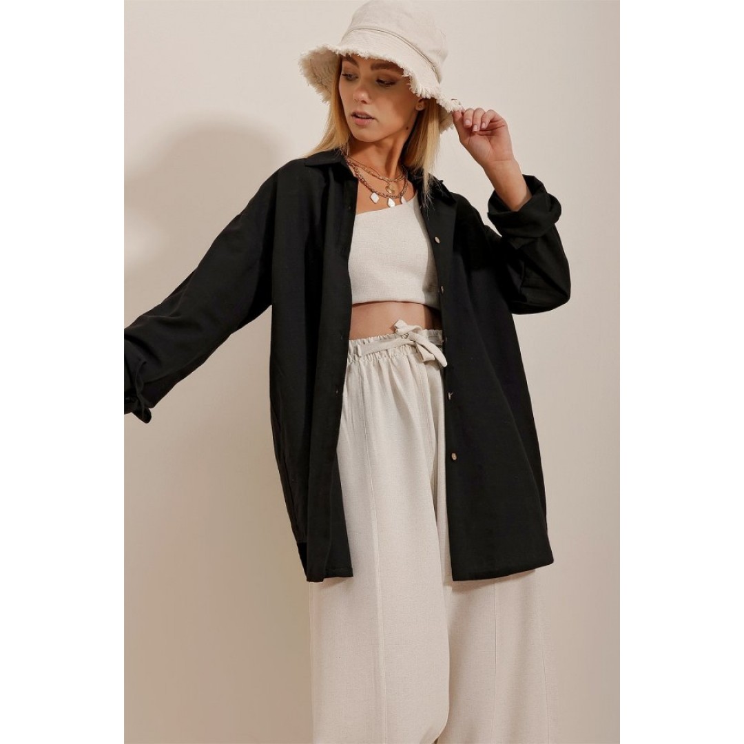 Kadın Keten Kumaş Oversize Gömlek
