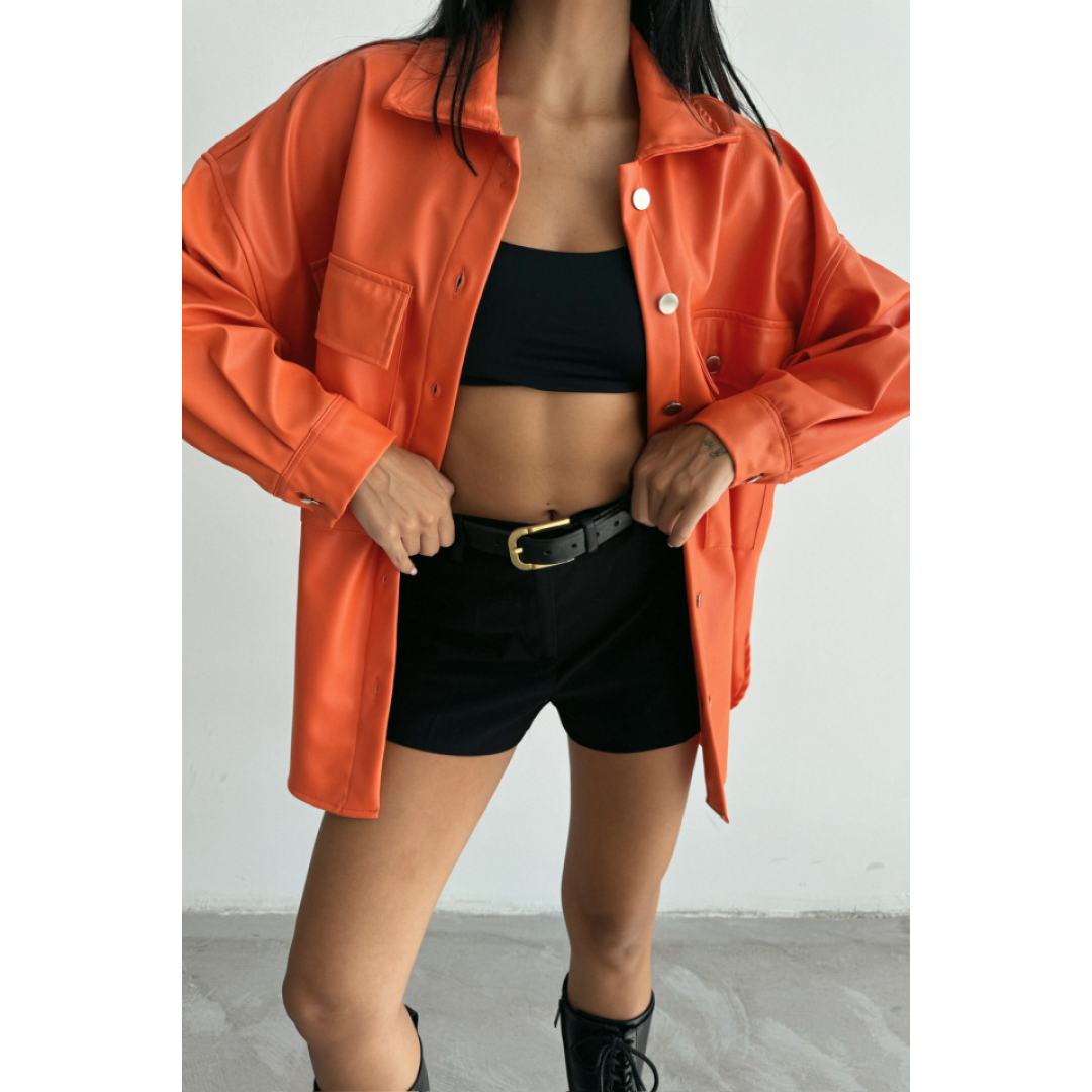 DÜĞMELİ DERİ GÖMLEK BOYFRİEND - Turuncu - 153265 DÜĞMELİ DERİ GÖMLEK BOYFRİEND - Turuncu - 153265