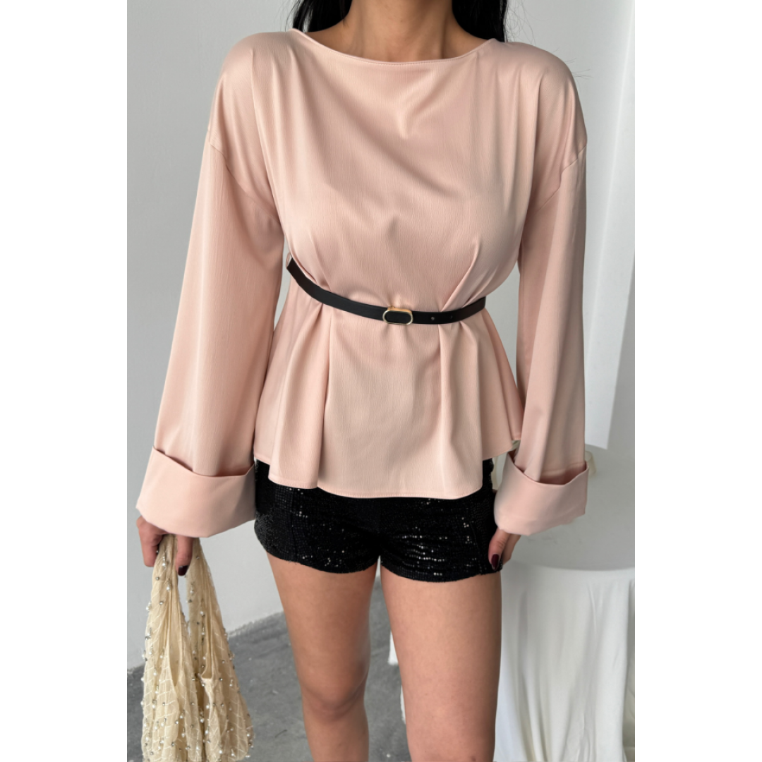 KEMER DETAYLI SATEN BLUZ - Pembe - 153967 KEMER DETAYLI SATEN BLUZ - Pembe - 153967