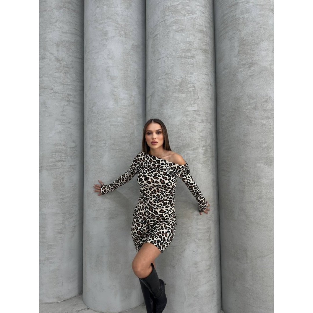 Kadın Uzun Kollu Leopar Desen Omuz Dekolteli Mini Elbise - 139304 Kadın Uzun Kollu Leopar Desen Omuz Dekolteli Mini Elbise - 139304