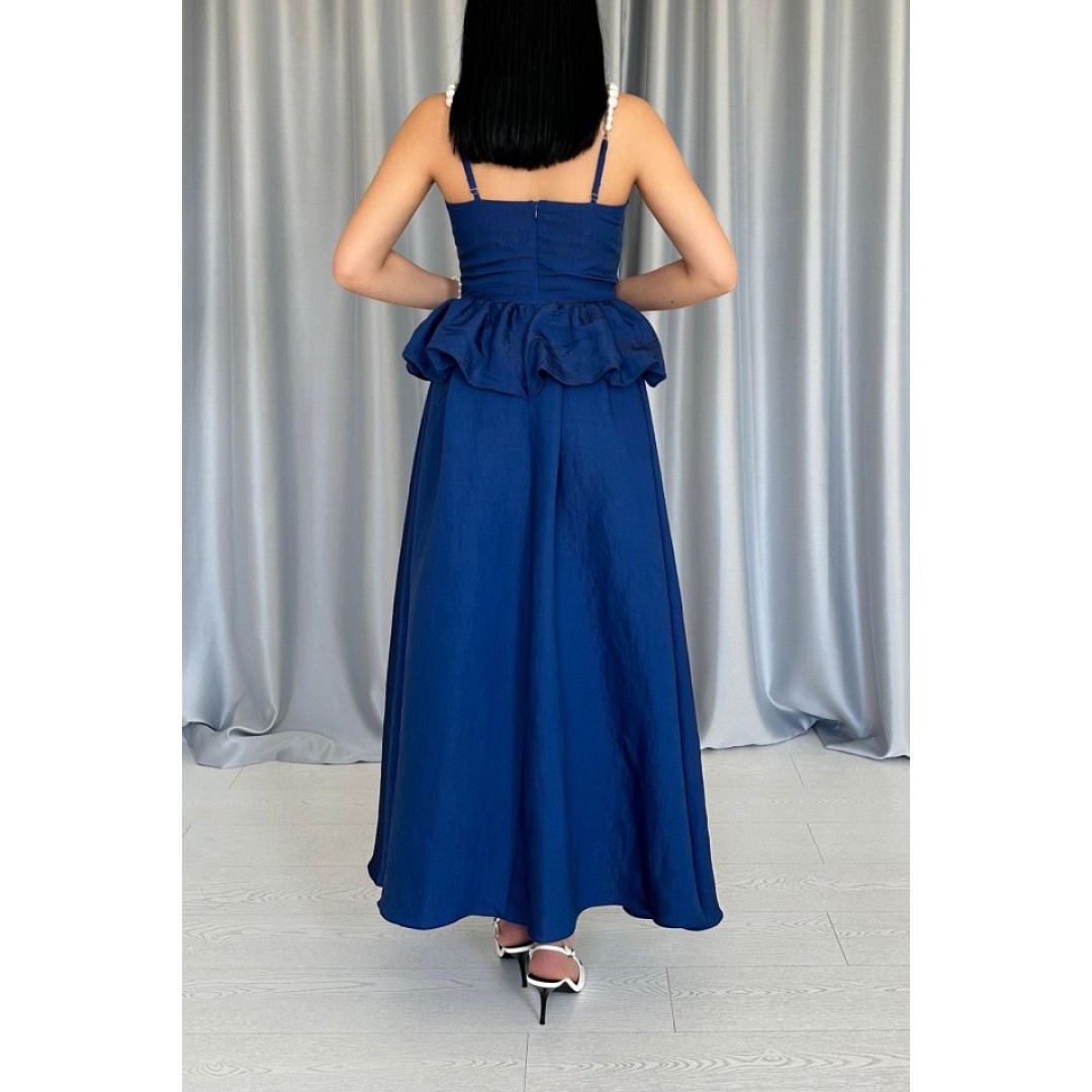 Lacivert Beli Büzgülü İnci Askılı Uzun Elbise - 154613 Lacivert Beli Büzgülü İnci Askılı Uzun Elbise - 154613