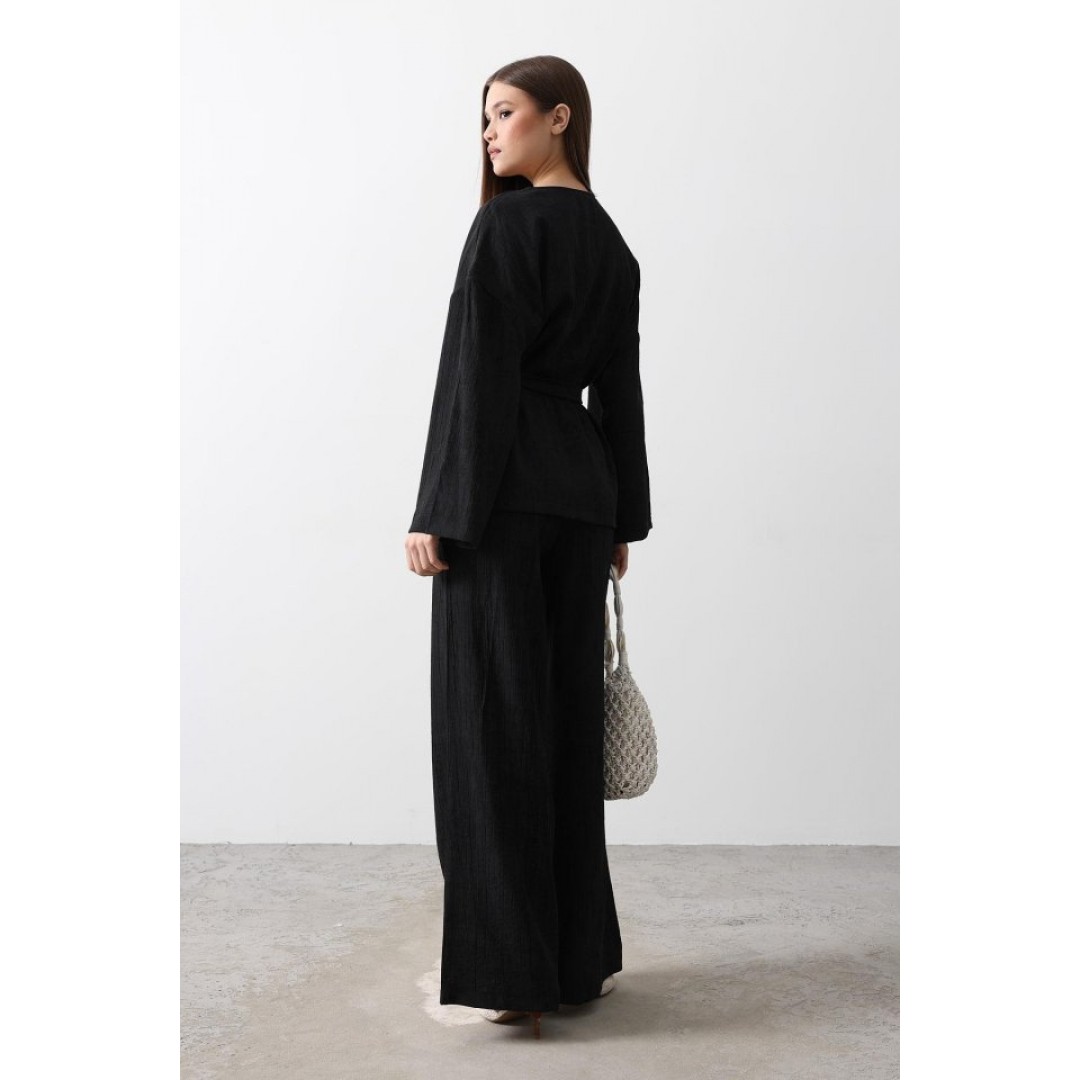 Beli Bağlamalı Tunik Ve Beli Bağlamalı Pantolon Takım - Siyah 159313
