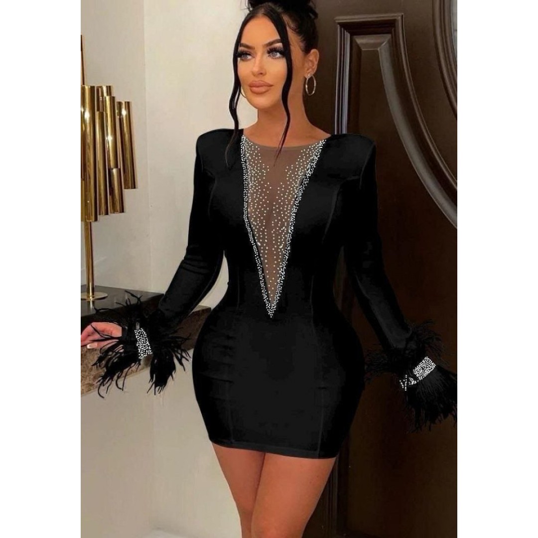 Kadın Dalgıç Kumaş Tül Ve Taş Aksesuarlı Kolları Tüylü Mini Boy Elbise - 137569