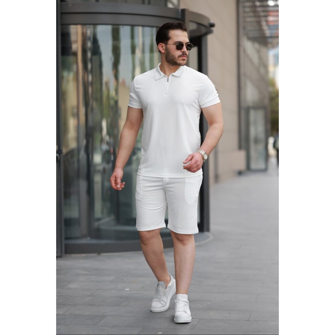 Erkek Yakalı Fermuarlı T-shirt şort Ikili Takım