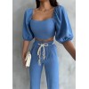 KETEN CROP KARPUZ KOL BLUZ-PANTOLON HASIR KEMERLİ - Mavi 152496 KETEN CROP KARPUZ KOL BLUZ-PANTOLON HASIR KEMERLİ - Mavi 152496