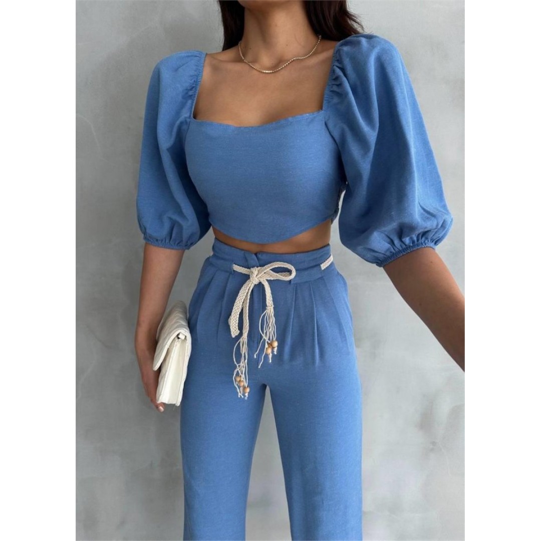 KETEN CROP KARPUZ KOL BLUZ-PANTOLON HASIR KEMERLİ - Mavi 152496 KETEN CROP KARPUZ KOL BLUZ-PANTOLON HASIR KEMERLİ - Mavi 152496