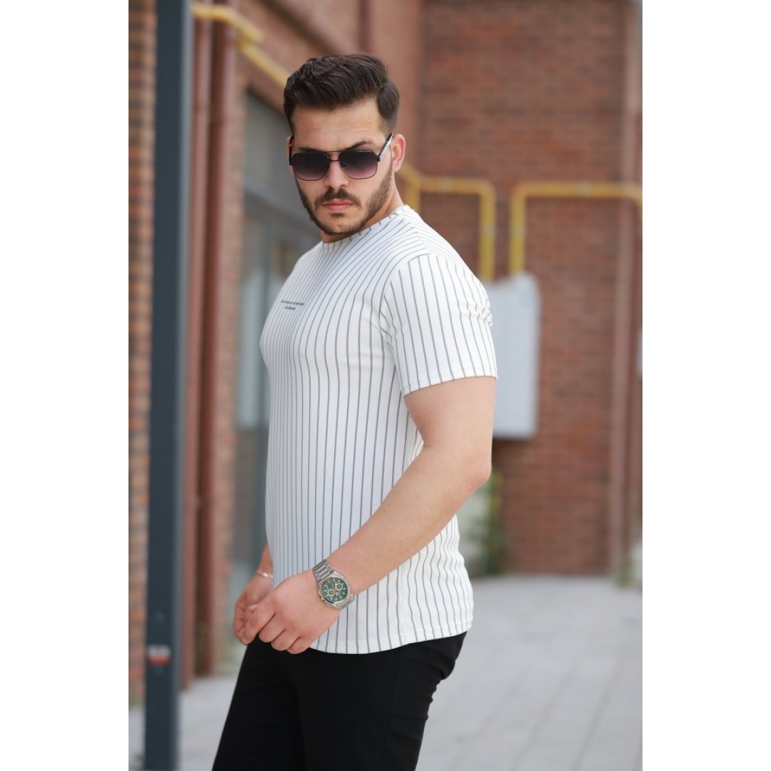 Erkek Dikey çizgili Ottoman Kumaş Kısa Kollu T-shirt 162319