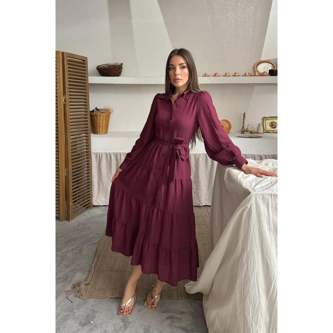 Bordo Çizgi Desenli Uzun Elbise - 158248 Bordo Çizgi Desenli Uzun Elbise - 158248