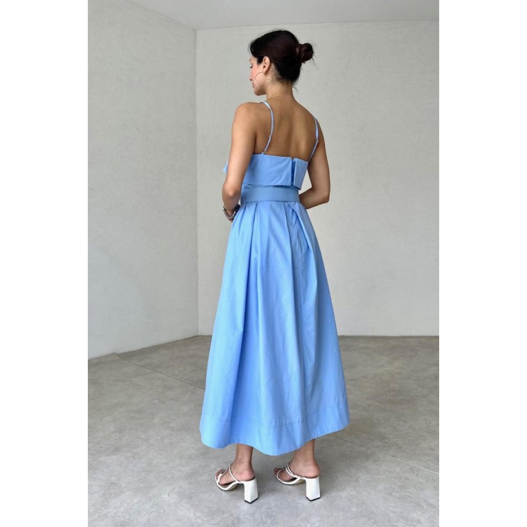 Mavi Beli Kemerli Pileli Elbise - 153842 Mavi Beli Kemerli Pileli Elbise - 153842