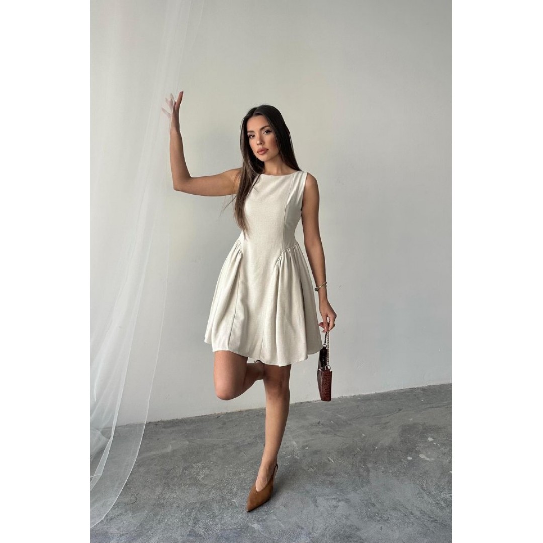 Bej Mini Boy Büzgülü Keten Elbise - 160629 Bej Mini Boy Büzgülü Keten Elbise - 160629