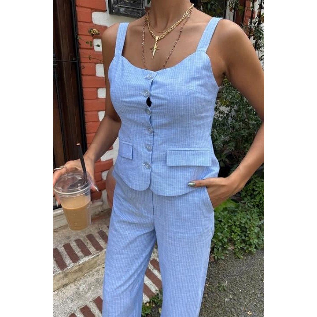 Kalın Askılı Bluz Pantolon Keten Takım 10187 160570 Kalın Askılı Bluz Pantolon Keten Takım 10187 160570