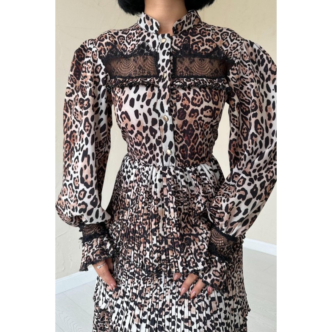 Leopar Pilise Detaylı Lastikli Elbise - 153049 Leopar Pilise Detaylı Lastikli Elbise - 153049