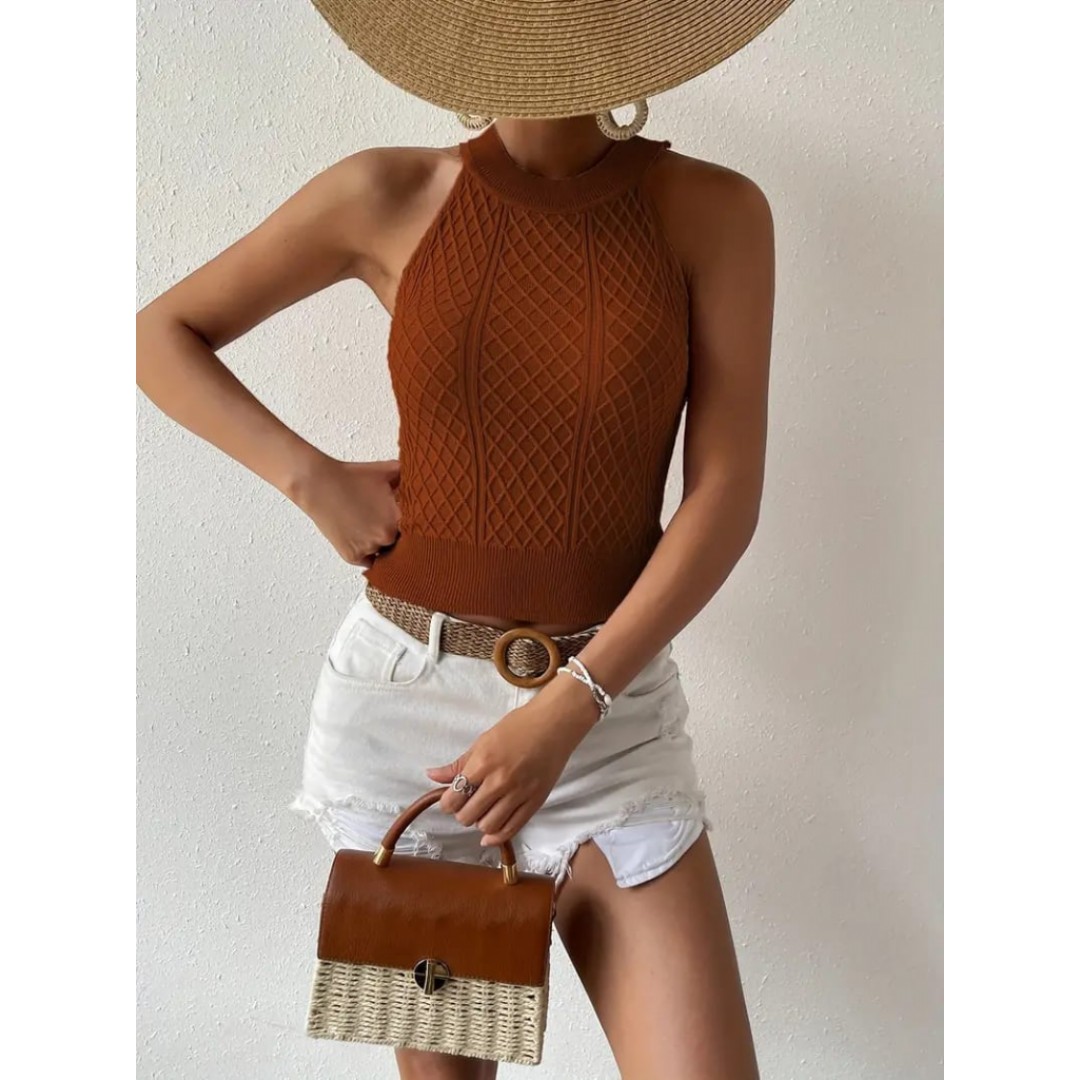 Kadın Kolsuz Halter Yaka Mini Baklava Desenli Triko Bluz - 159561 Kadın Kolsuz Halter Yaka Mini Baklava Desenli Triko Bluz - 159561