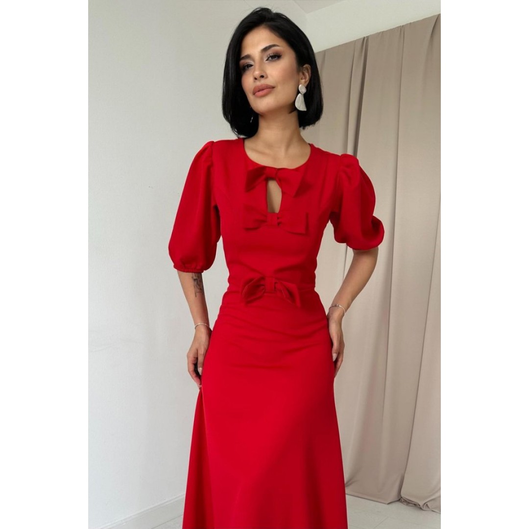 Kırmızı Fiyonklu Midi Elbise - 153312 Kırmızı Fiyonklu Midi Elbise - 153312