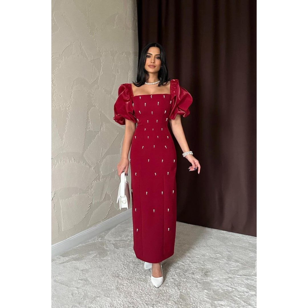 Bordo İşlemeli Kolu Garnili Elbise 159305 Bordo İşlemeli Kolu Garnili Elbise 159305