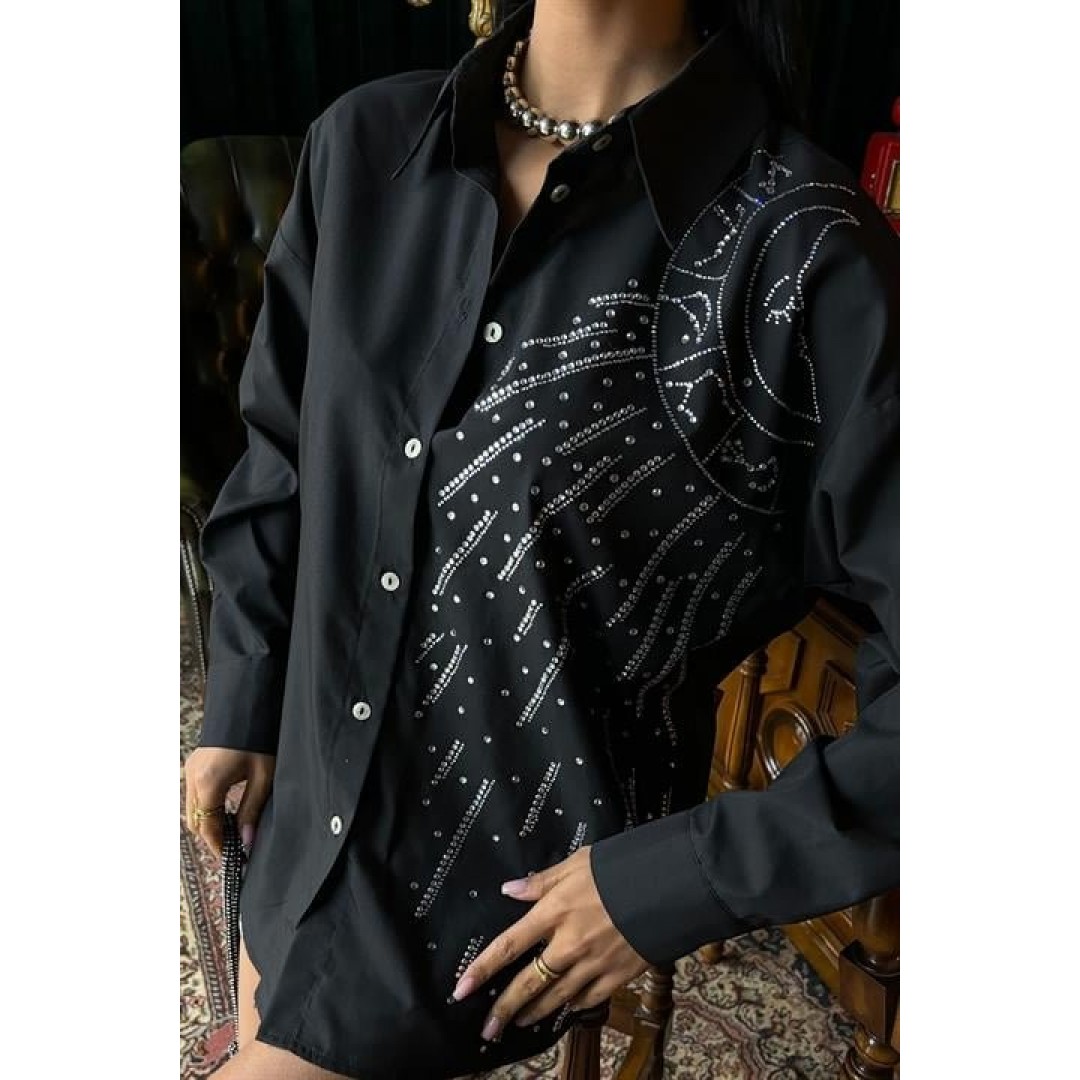 Ay Figürlü Taş İşlemeli Poplin Gömlek 3440 158503 Ay Figürlü Taş İşlemeli Poplin Gömlek 3440 158503