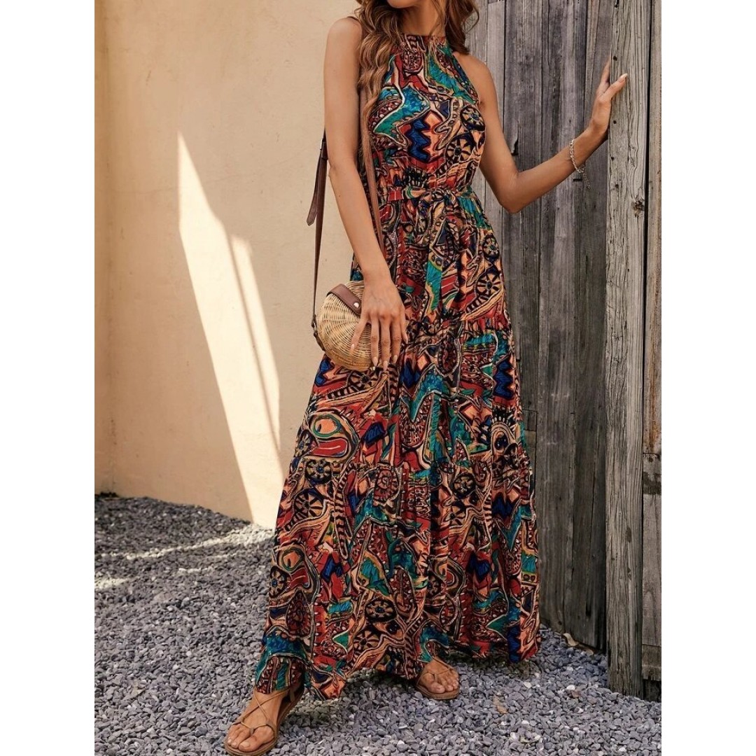 Kadın Kolsuz Halter Yaka Beli Lastikliotantik Desenli Mikro Kumaş Elbise - 160045 Kadın Kolsuz Halter Yaka Beli Lastikliotantik Desenli Mikro Kumaş Elbise - 160045