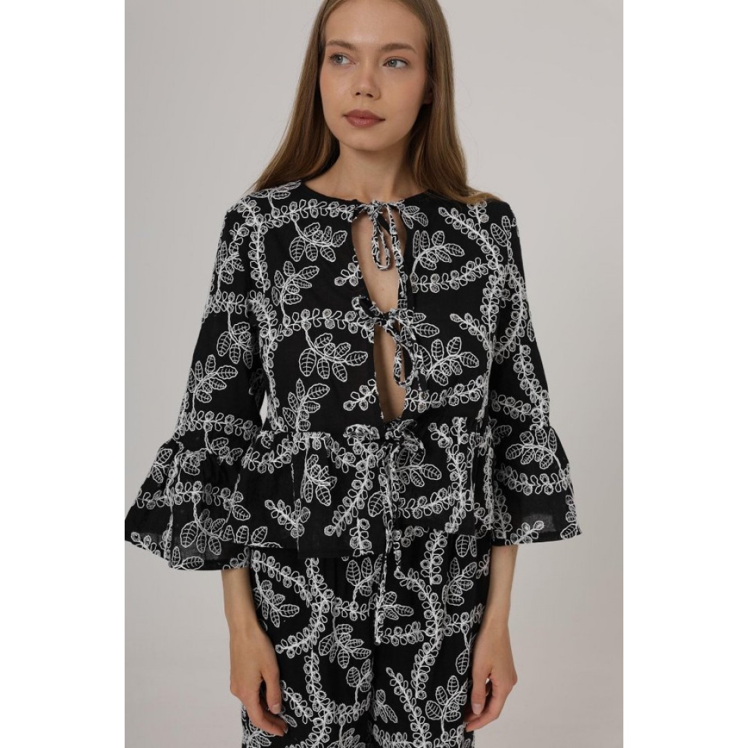 Fiyonk Bağlamalı Brode Bluz - Siyah 162574 Fiyonk Bağlamalı Brode Bluz - Siyah 162574