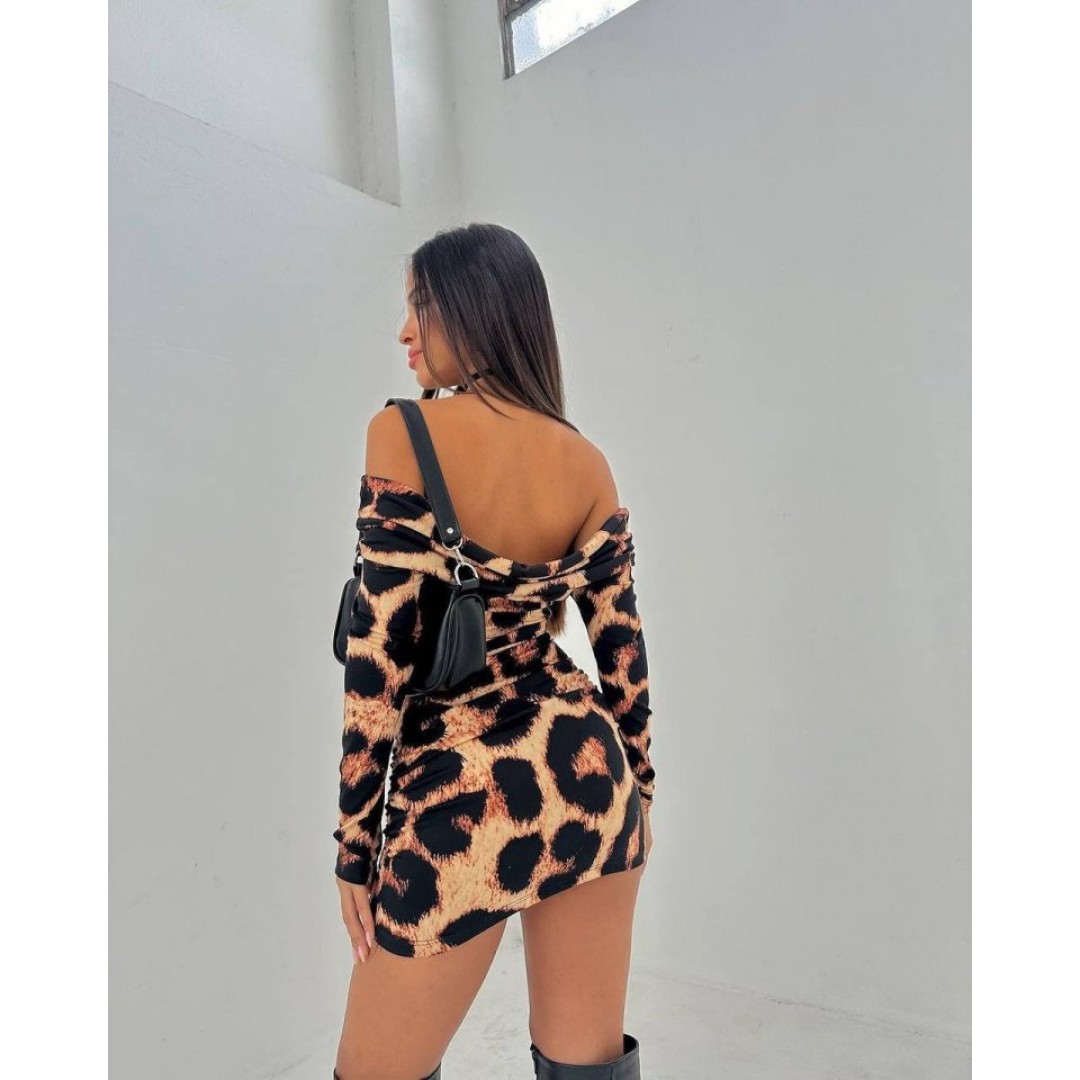 Kadın Madonna Mendil Yaka Leopar Desen Mini Elbise - 133874 Kadın Madonna Mendil Yaka Leopar Desen Mini Elbise - 133874