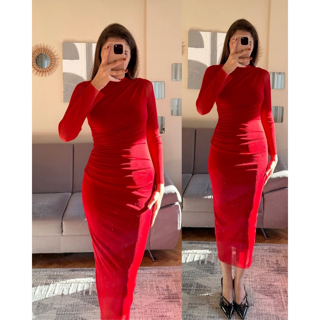 Kadın Drapeli Tül Kumaş Uzun Kollu Midi Boy Elbise - 132735