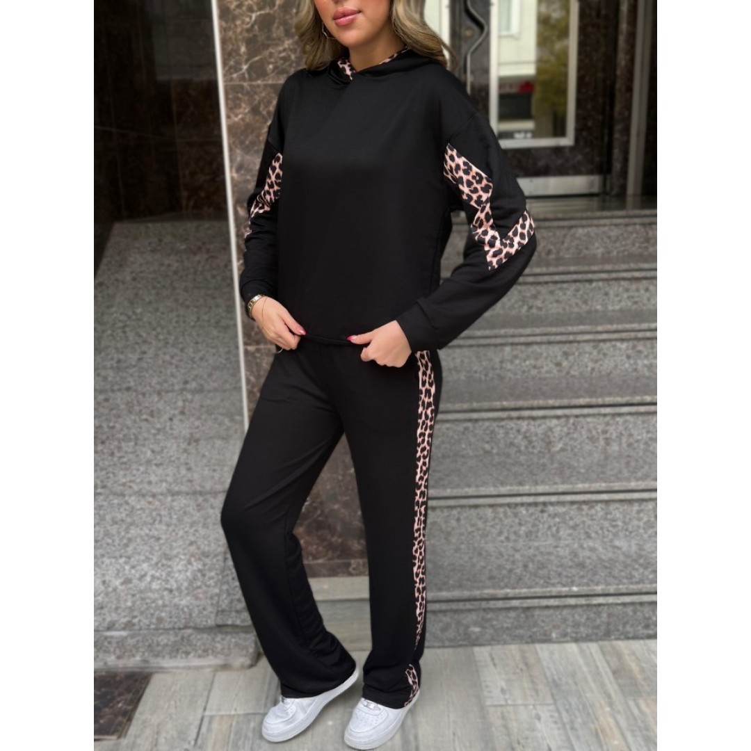 Kadın Kapüşonlu Leopar Detay Sweat Ve Yüksek Bel Yanları Leopar şeritli Bol Paça Pantolon Ikili Takım 136258